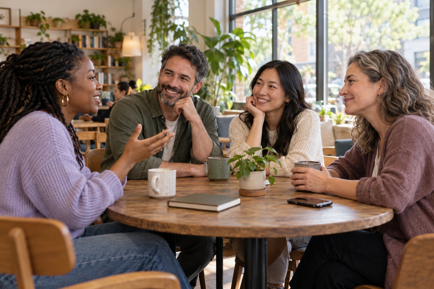 Four adults sharing a relaxed conversation around a café table